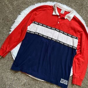 PINK Victoria’s Secret Long Sleeve Polo Top Women’s Size Large Red White Blue